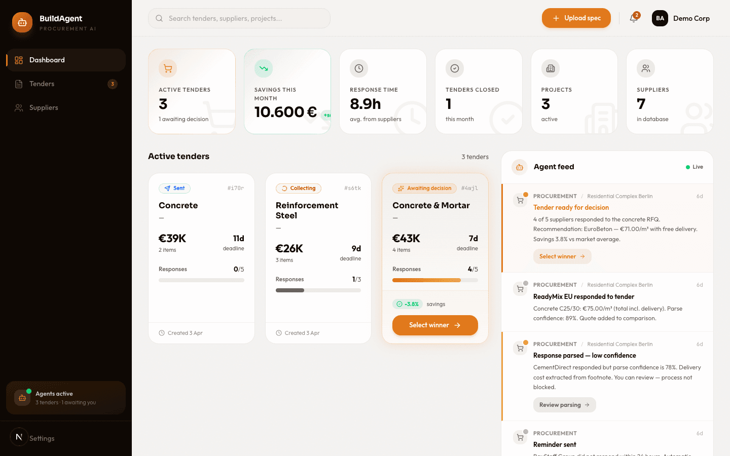 BuildAgent dashboard showing active tenders, supplier responses, and savings metrics