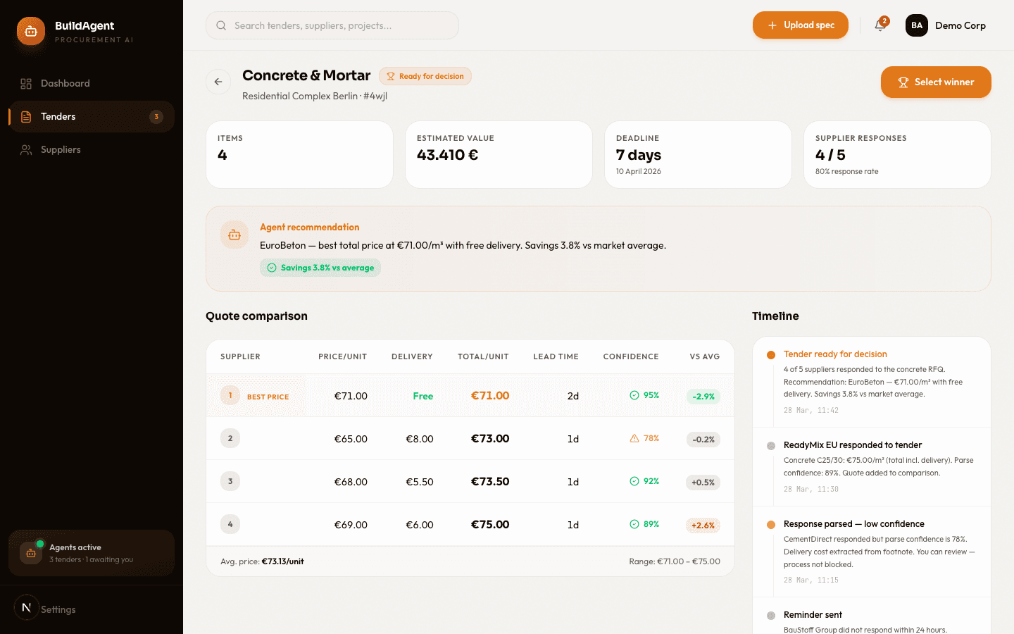Quote comparison table showing supplier prices side by side