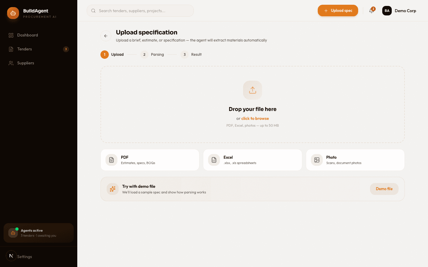 Upload specification screen